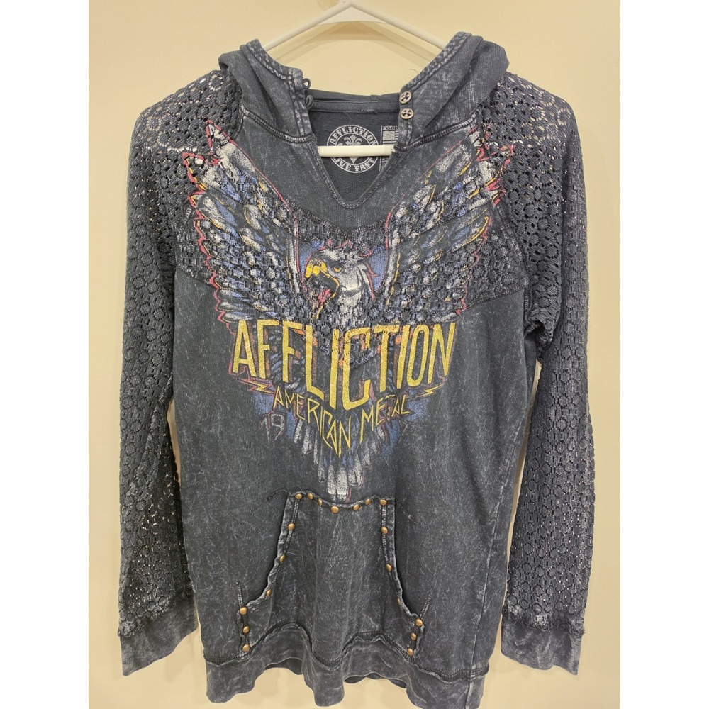 Affliction Live Fast Women's Long Sleeve Lace Sleeve Hooded Black MD Grunge Alt